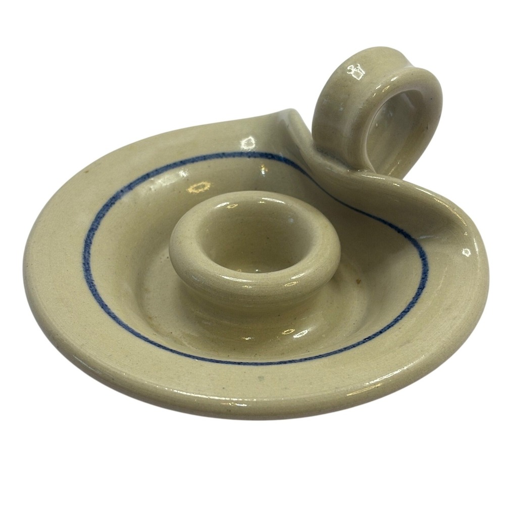 M Swayne Signed Studio Pottery Stoneware Chamberstick Candle Holder Blue Ring